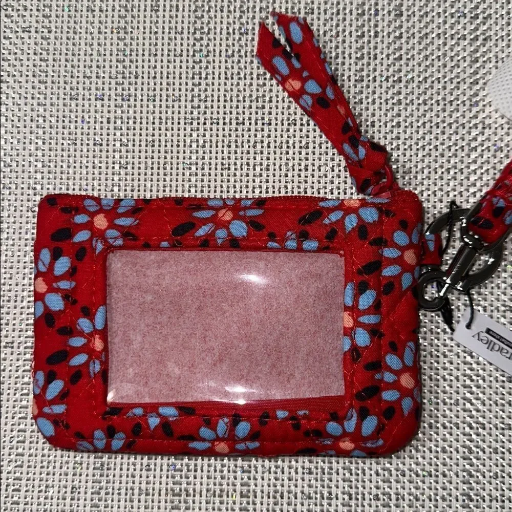 Vera Bradley Venetian Flowers Red Blue Quilted Cotton Zip ID Lanyard Wallet